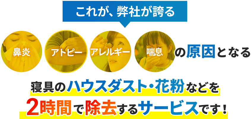 これが、弊社が誇る鼻炎・アトピー・アレルギー・喘息の原因となる寝具のハウスダスト・花粉などを2時間で除去するサービスです！