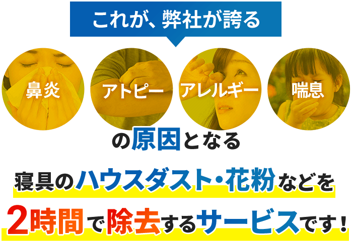 これが、弊社が誇る鼻炎・アトピー・アレルギー・喘息の原因となる寝具のハウスダスト・花粉などを2時間で除去するサービスです！